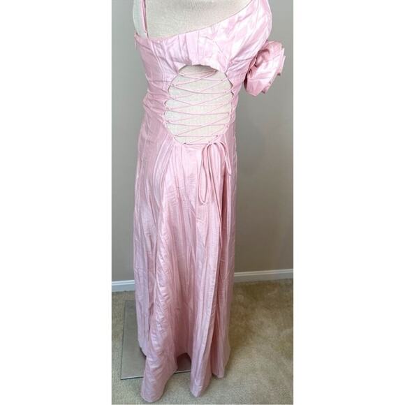 For Love & Lemons Gwenyth Rosette Lace Up Side Cutout Pink Maxi Gown Size Medium - Picture 9 of 12